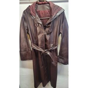 Vtg Ambe Leather Trench Coat Rare Women's Hooded Belted Brown Dark Academia sz M